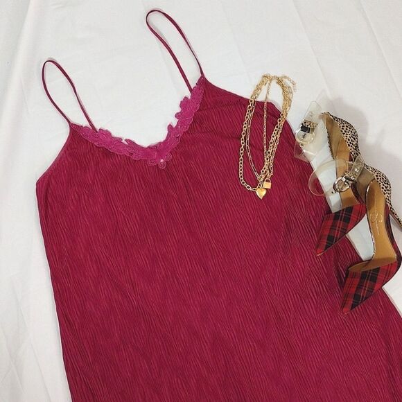 VTG 80s Fuscia Pink Textured Floral Tank Midi Slip Dress Large - Picture 5 of 16